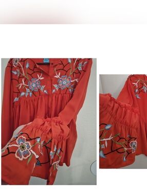 KAS New York Orange Floral Embroidered Boho Bell Sleeve Blouse XL Whimsigoth